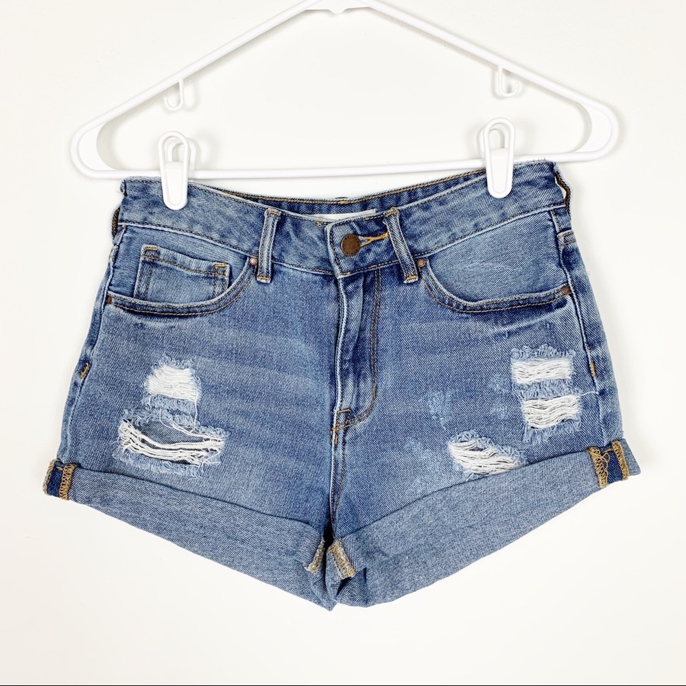 Bullhead High Rise Distressed Mid Wash Jean Shorts